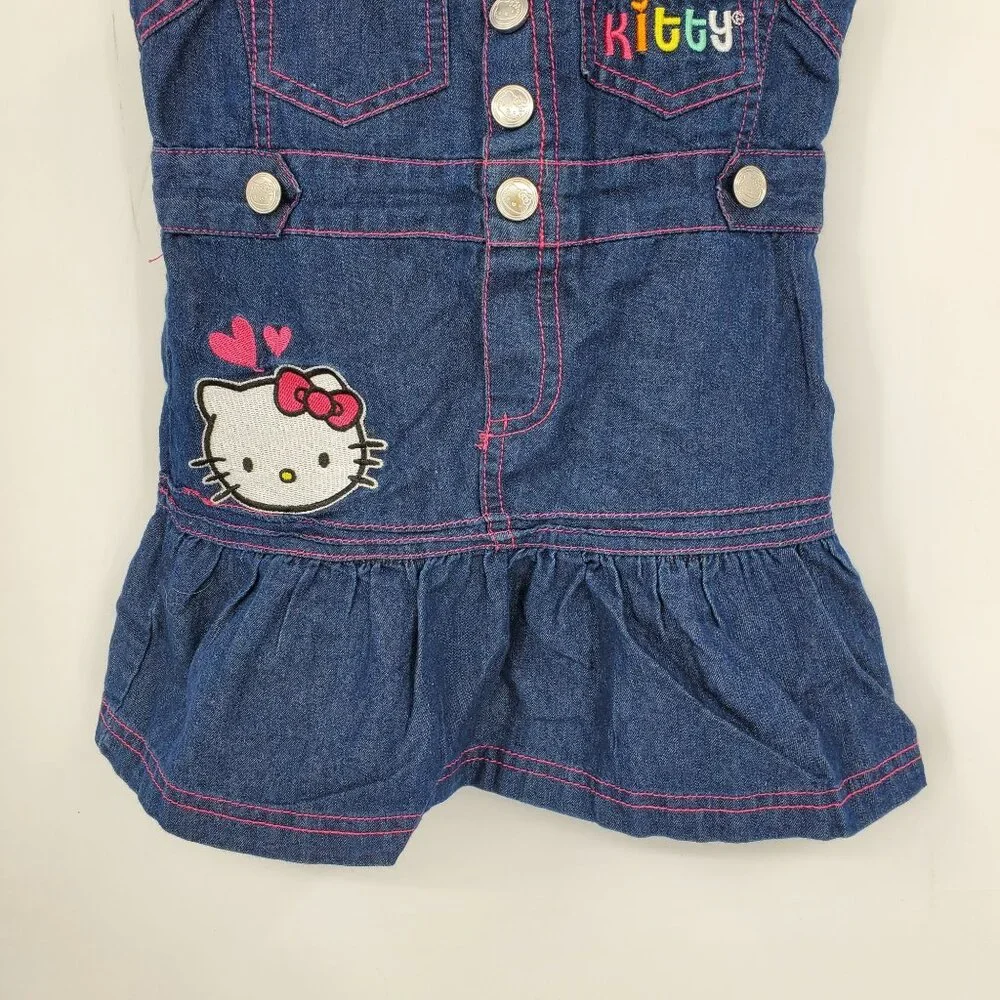 Hello Kitty Sanrio Girl's Denim‎ Button Embroidered Pink Thread Overall Dress 4